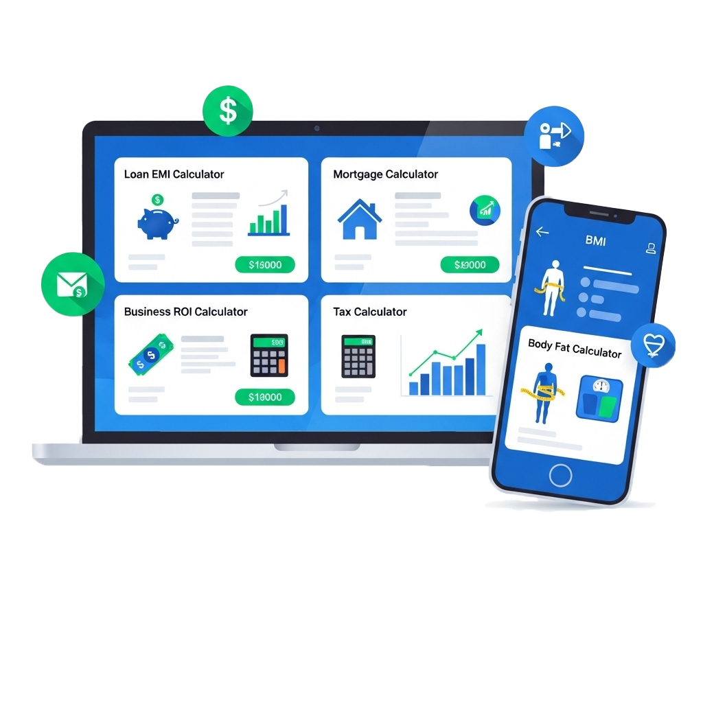 Smart Tools online dashboard with finance calculators (Loan EMI, Mortgage, Tax, ROI) and health trackers (BMI, Body Fat Calculator)